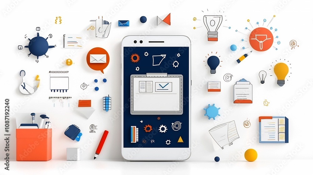 Poster of a smartphone displaying an online classroom interface featuring various educational technology ic