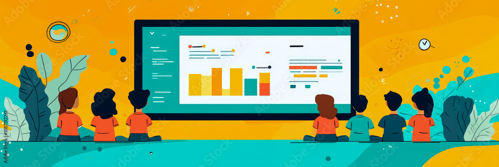 Poster a group of children engages with a large screen displaying colorful data graphics in a bright, livel