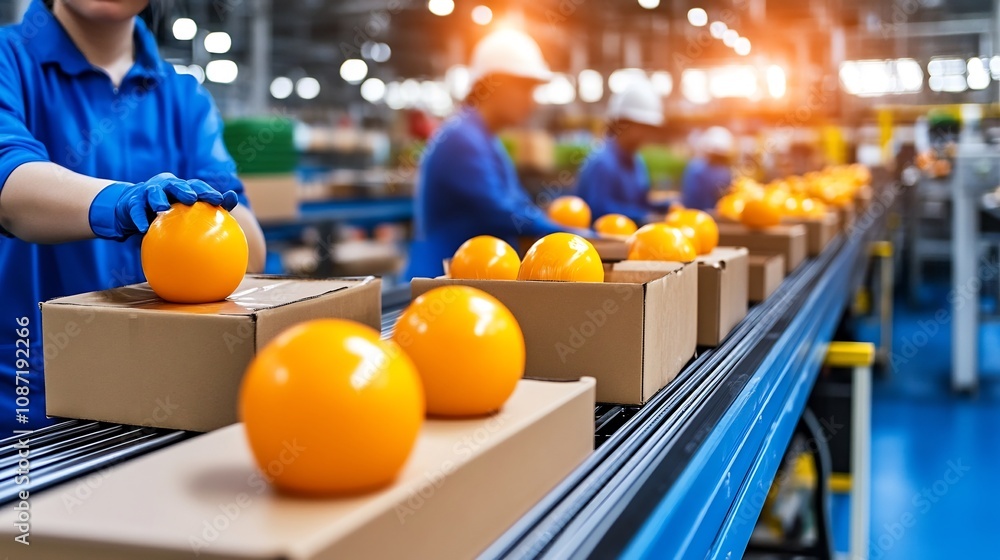 Poster conveyor belts moving products in a packaging factory with workers adding final touches before shipm