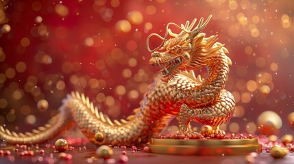 Fototapeta premium A majestic 3D golden Chinese dragon, symbol of power and prosperity, majestically perched on a golden podium against a rich red and gold background, ideal for celebrating the Lunar New Year