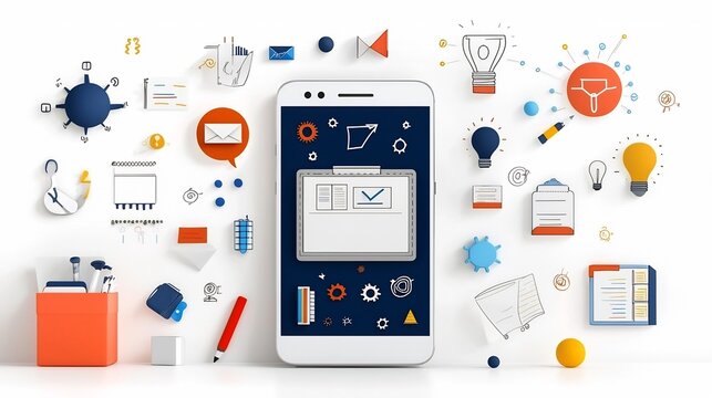 of a smartphone displaying an online classroom interface featuring various educational technology icons representing different learning resources and subjects for a digital