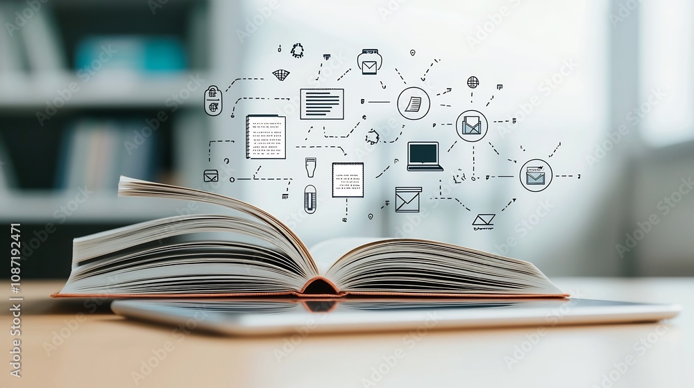 Fototapete Digital Tablet with Open Book and Virtual Learning Icons Symbolizing the Blend of Education and Technology in Online Courses and Digital Learning Platforms