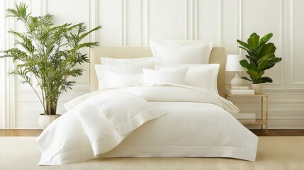   A white comforter, pillows, and potted plant adorn the corner of a room with white walls