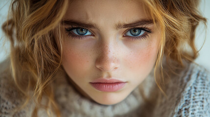 Fototapeta premium A young woman gazes directly at the camera, showcasing her captivating blue eyes and tousled hair while wearing a warm, cozy sweater