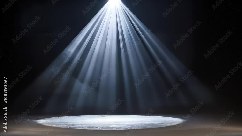 Poster a spotlight beams down onto a dark stage, creating a circular area of light with particles illuminat