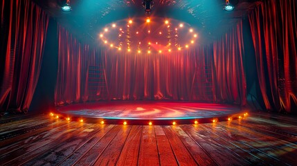 Whimsical 3D Podium on Circus Stage with Glowing Carnival Lights and Red Curtain Backdrop: Perfect for product display, promotions, announcements, or showcasing unique items