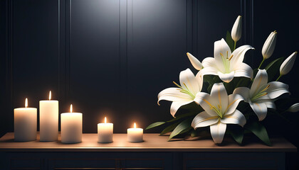 Burning candles and lily flowers on the cabinet in the dark room. Copy space.