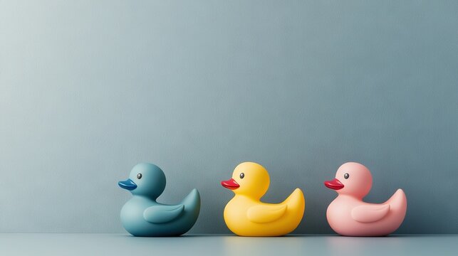   A trio of rubber ducks rests atop a white table, adjacent to a blue wall