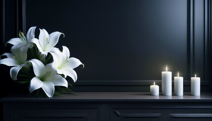 Burning candles and lily flowers on the cabinet in the dark room. Copy space.