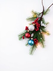 Winter holiday top decoration featuring fir branches and colorful balls, green, traditional