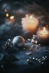 Silver Ornament Candles And Pinecone Festive Scene