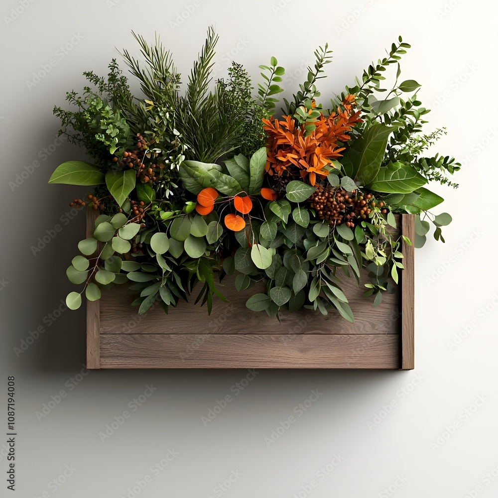 Poster a handcrafted wooden window box brimming with a harmonious collection of houseplants trailing vines 