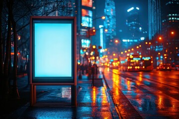 Showcasing a blank white vertical billboard at a modern city bus stop in a lively urban environment with nighttime reflections