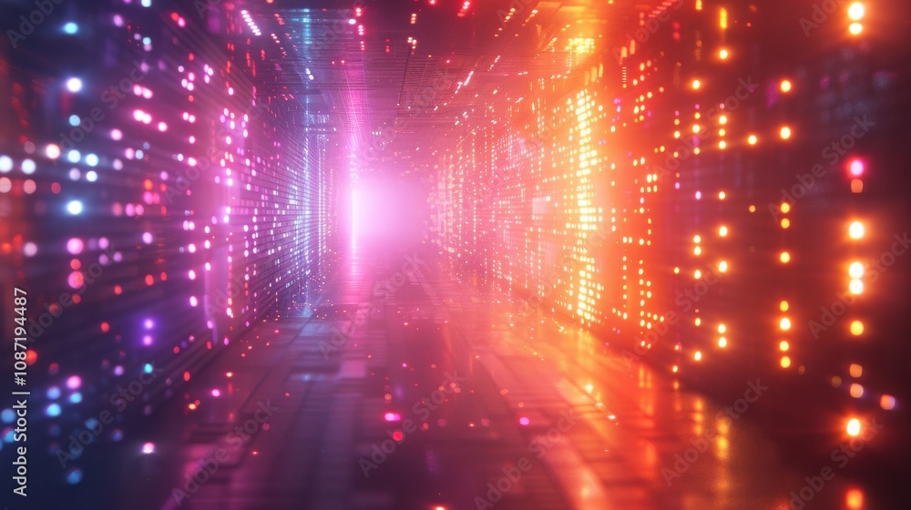 Poster a vibrant corridor with multicolored lights in a futuristic setting during the evening hours