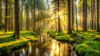 Obraz premium Serene sunrise illuminating a tranquil forest stream, surrounded by lush green moss and towering trees.