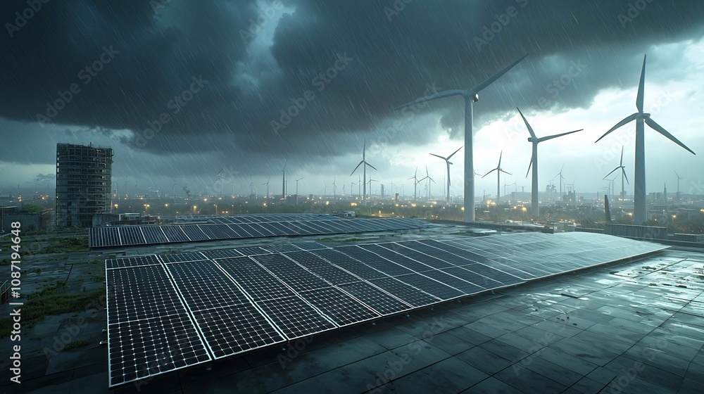 Leinwandbilder Dramatic stormy sky backdrop with a large solar panel array and towering wind turbines representing the impact of climate change and the transition to renewable energy sources