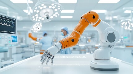 Naklejka premium Futuristic Robotic Arm Providing Precision Assistance to Doctor During Surgical Advancements of Technology in Healthcare