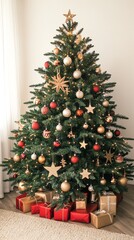 Decorated Christmas tree with ornaments and gift boxes under, indoors.