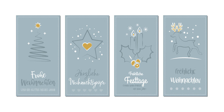 Weihnachtsgru&szlig;karten-Set - deutscher Text - Weihnachtliche Motive auf silbernem Hintergrund