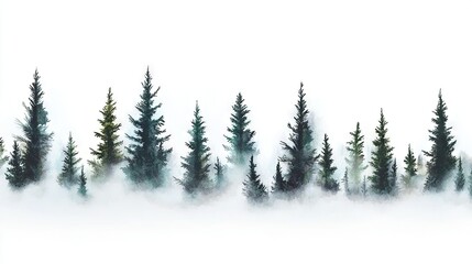 Obraz premium A painting of a tree line in a foggy forest with a white sky background