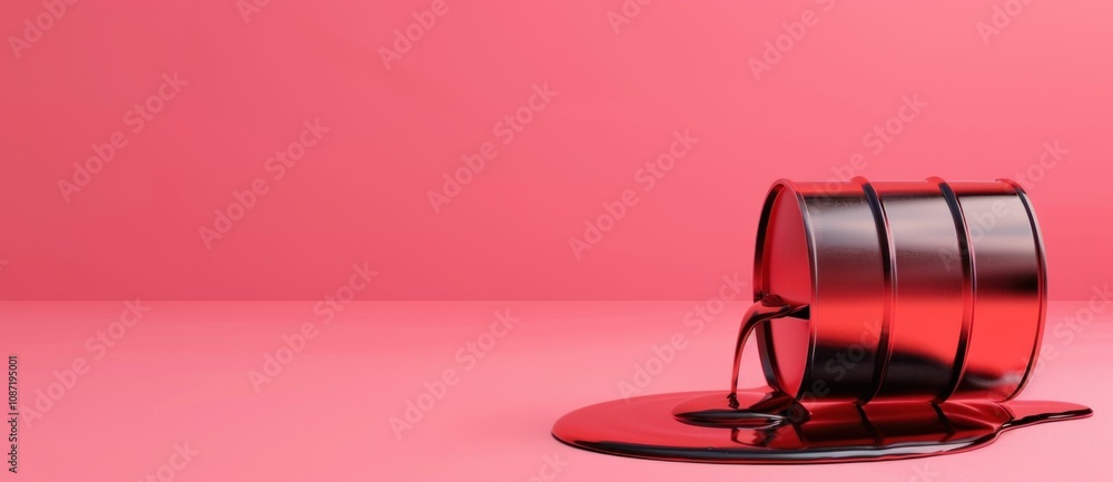 Poster red fluid spilling from a metallic barrel on a pink background, creating an intriguing visual contra