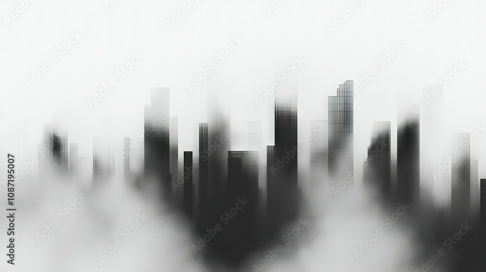 Poster a monochromatic image of a urban landscape featuring architectural structures in the foreground and 