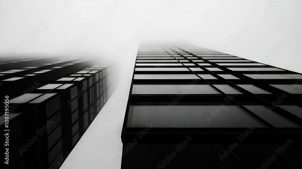 Poster a monochrome picture of a towering structure surrounded by a hazy atmosphere, featuring an aircraft 