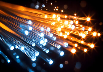 A detailed Close-up of vibrant illuminated fiber optic cables on dark background.
