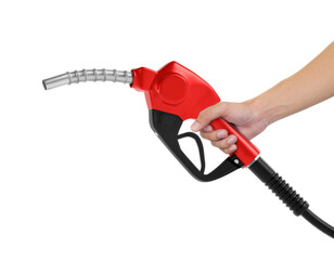 Hands holding Fuel red nozzle with hose, transparent background
