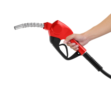Hands holding Fuel red nozzle with hose, transparent background