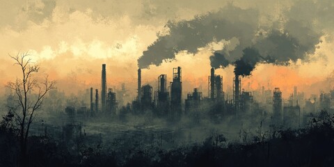 A Silhouetted Industrial City Under a Smoky Sky