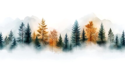 Obraz premium This watercolour seamless surface pattern tile features a modern, delicate design of misty, foggy eco line of pine, spruce, and fir trees in a forest pattern on a white isolated background