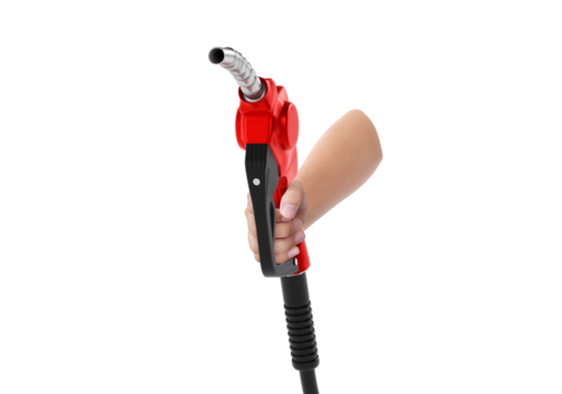 Hands holding Fuel red nozzle with hose, transparent background