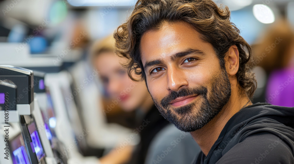 Poster a smiling man with curly hair and a beard sits at a desk using a computer in a bright office, with c