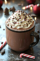 Festive hot chocolate with whipped cream and peppermint candies.