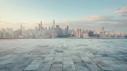 Obraz premium Empty square floor with city skyline background, Downtown plaza with skyscrapers silhouette, evening glow