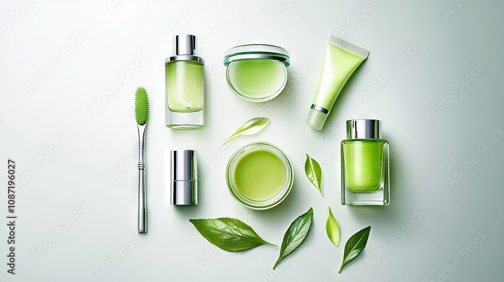 Poster green items on a white table with a toothbrush and tube of toothpaste beside them