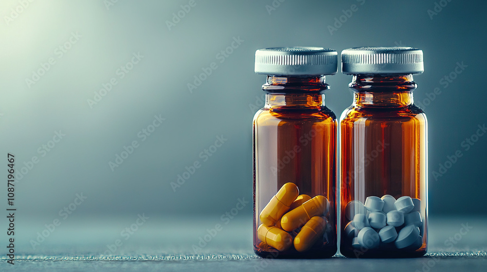 Poster a pair of bottles brimming with pills resting atop a table alongside a container of pills
