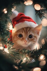 Obraz premium A tiny kitten, in a Santa hat, peers curiously through a festive wreath adorned with glowing holiday lights.