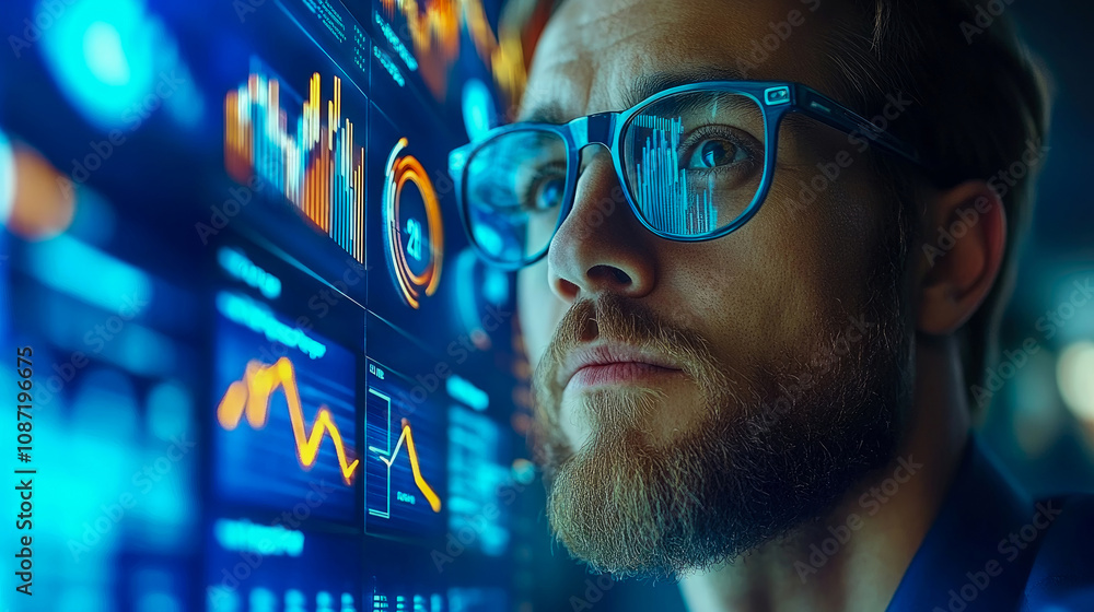 Aufkleber a person with glasses is intensely examining digital graphs and statistics on a glowing screen in a 