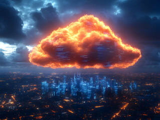 Fototapeta premium Fiery digital cloud over futuristic city at night.