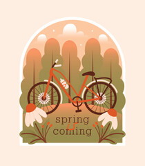 Spring is coming. Vector isolated illustration with spring rural landscape, forest, flowers, red bicycle on field. Naive cute clip art. Cartoon badge with spring nature. Flat Design. Modern sticker.
