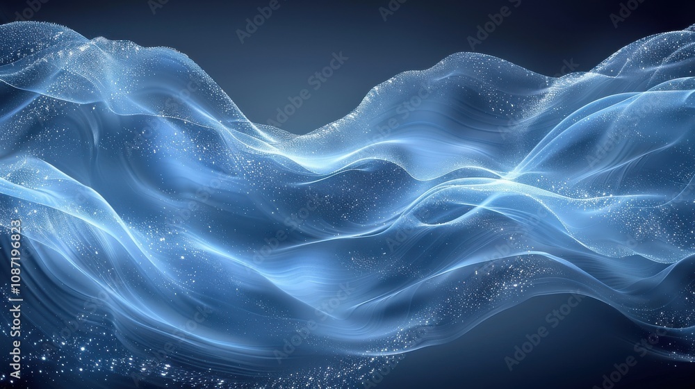 Poster soft flowing blue waves with sparkling particles create a serene atmosphere in a dark setting