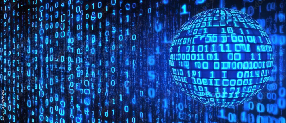 Poster a digital globe composed of binary code, symbolizing data and technology.