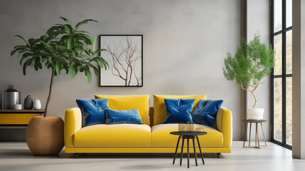 Mustard Yellow Sofa Blue Pillows Modern Living Room Interior