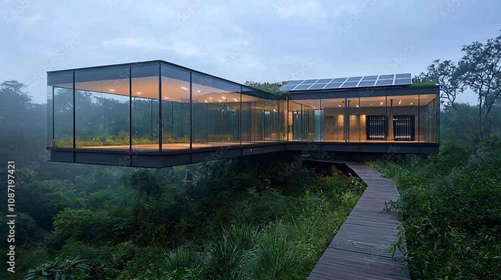 Aufkleber Luxurious Solar Powered Modern Home with Extensive Rooftop Panels and Smart Battery System A glass walled dwelling that harnesses renewable energy through an advanced solar panel array and battery