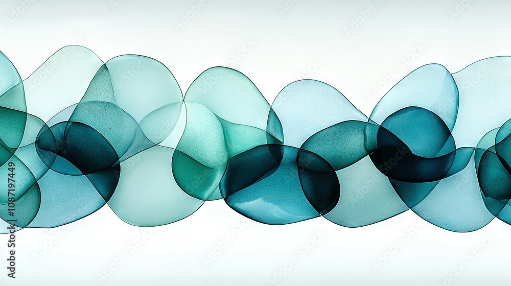 Poster a set of blue and green wavy forms on a pure white backdrop with a subtle glint in the focal point