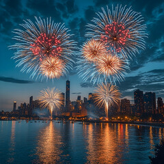 Fireworks display over city skyline at night. (3)
