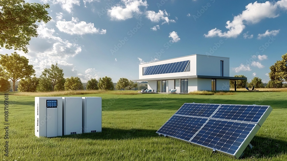Poster expansive solar panel array powering a sleek contemporary home with a massive battery bank system in
