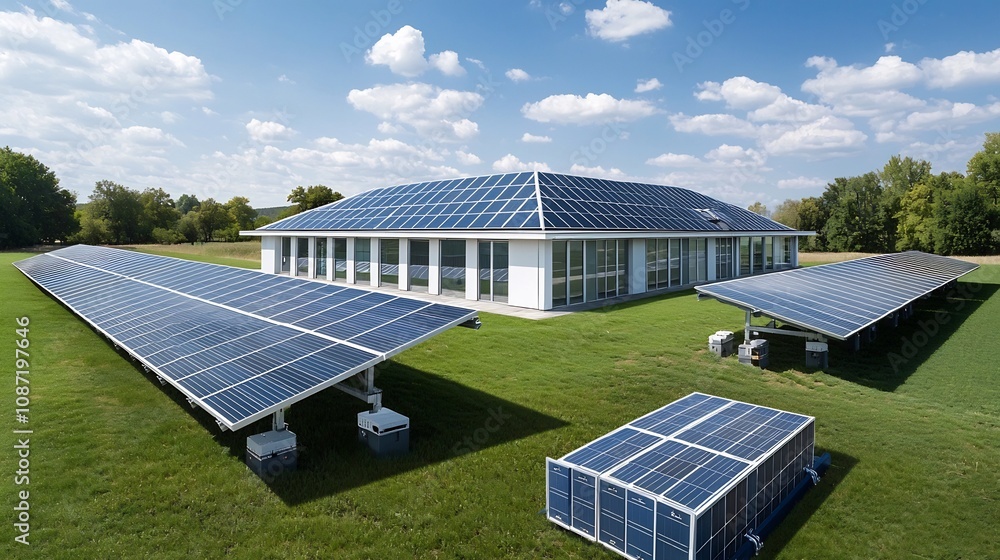 Poster Renewable Energy Transformation Expansive solar panel array seamlessly integrated with a large scale battery bank system powering a sleek